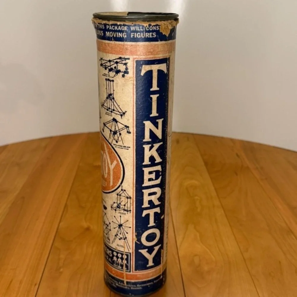 Antique Tinkertoy No. 3 Set – Wooden Construction Toy w/ Original Tube+Paperwork